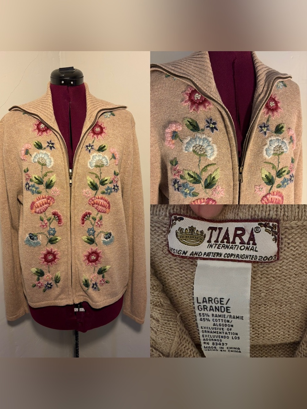 Tiara International vintage 2003 cardigan sweater embroidered large